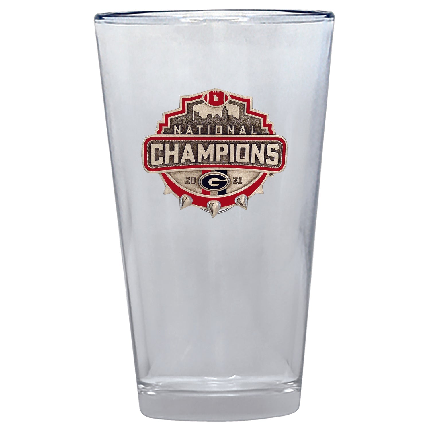 Clear glass with 'National Champions' logo on a white background
