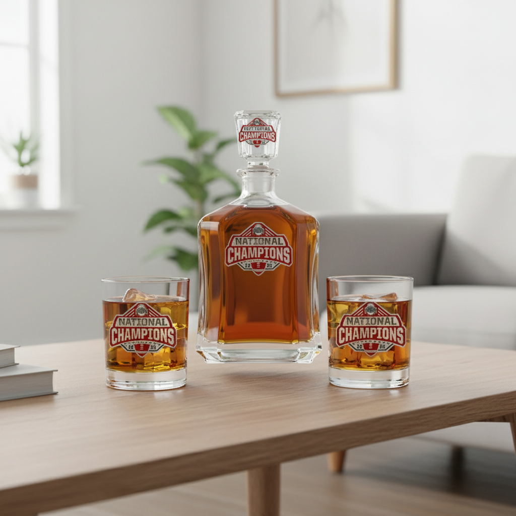 Whiskey decanter and two glasses with 'National Champions' label on a white background
