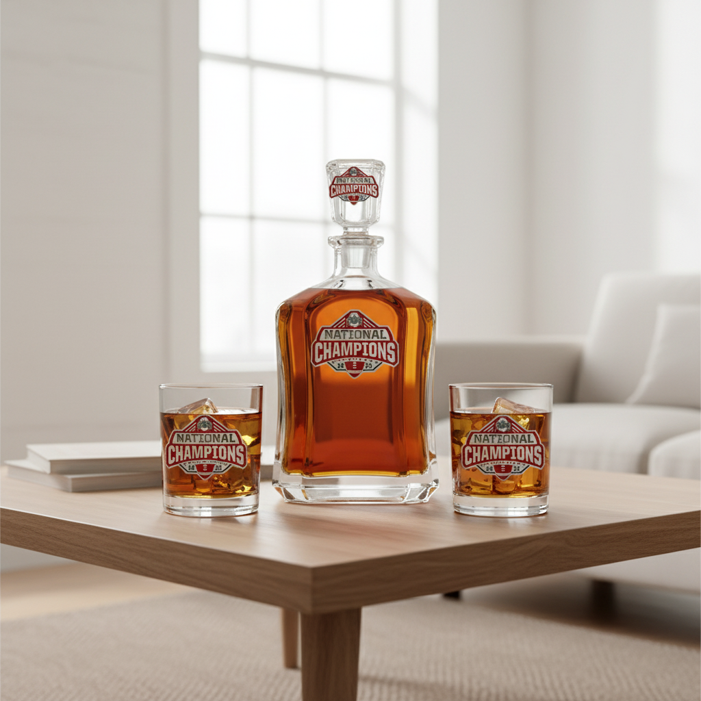 Whiskey decanter and two glasses with 'National Champions' label on a white background
