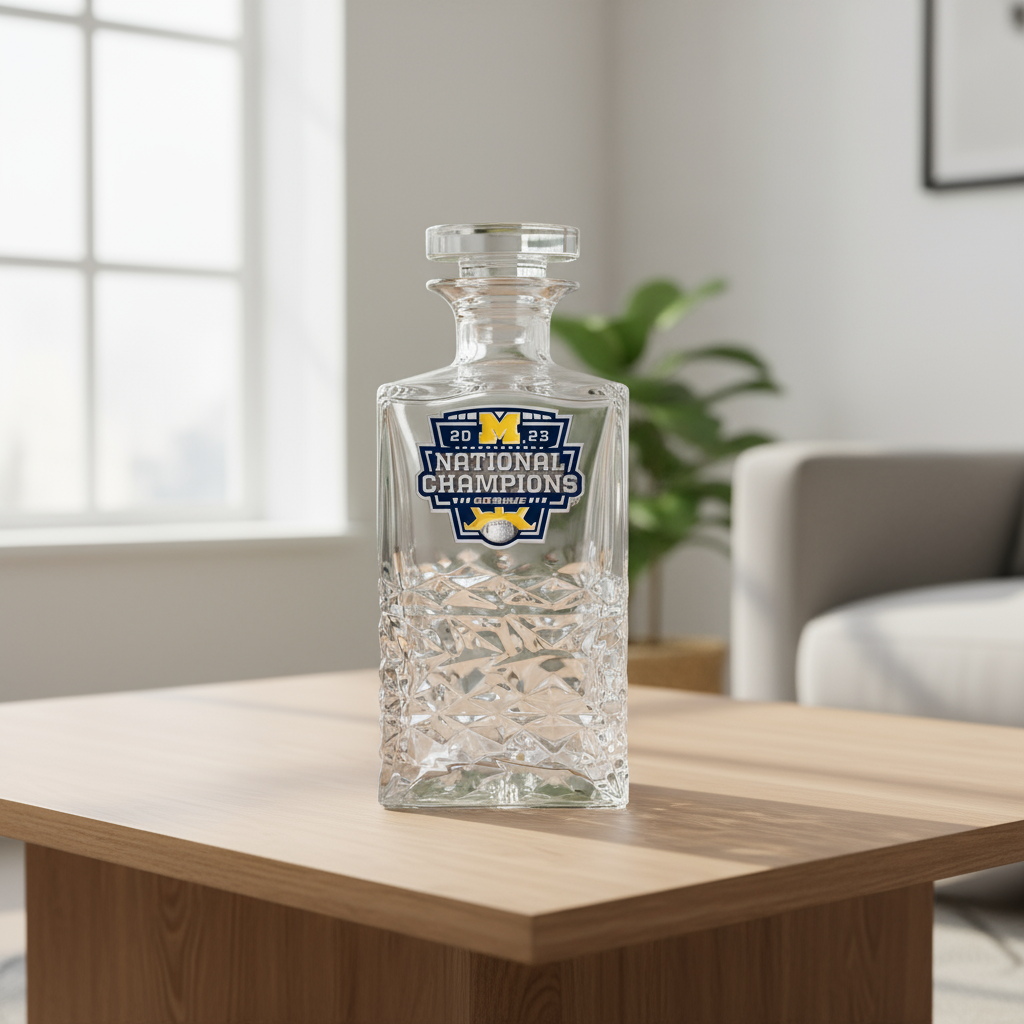 Clear glass decanter with 'National Champions' logo on a white background