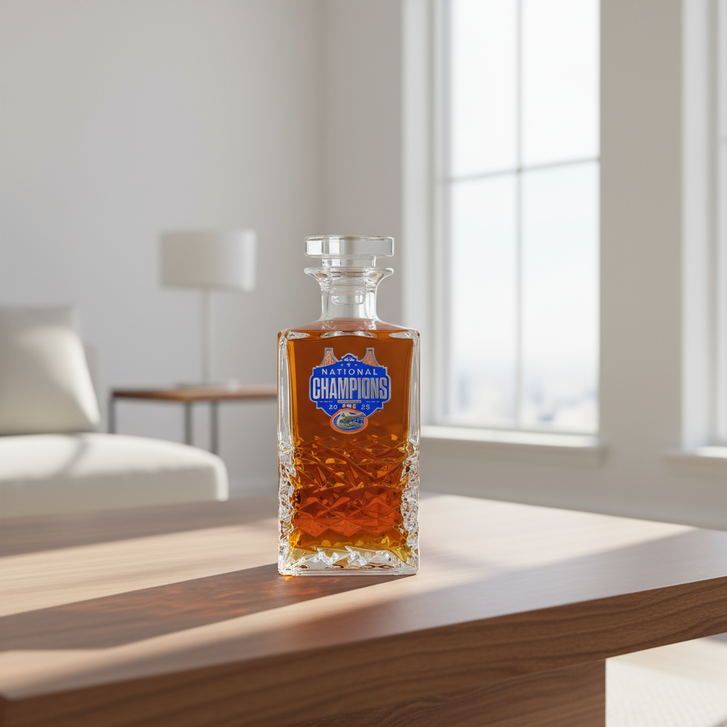 Glass decanter with 'National Champions' label on a white background