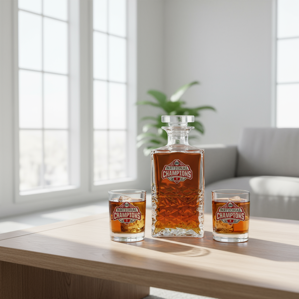 Whiskey decanter and glasses on a table with a neutral background