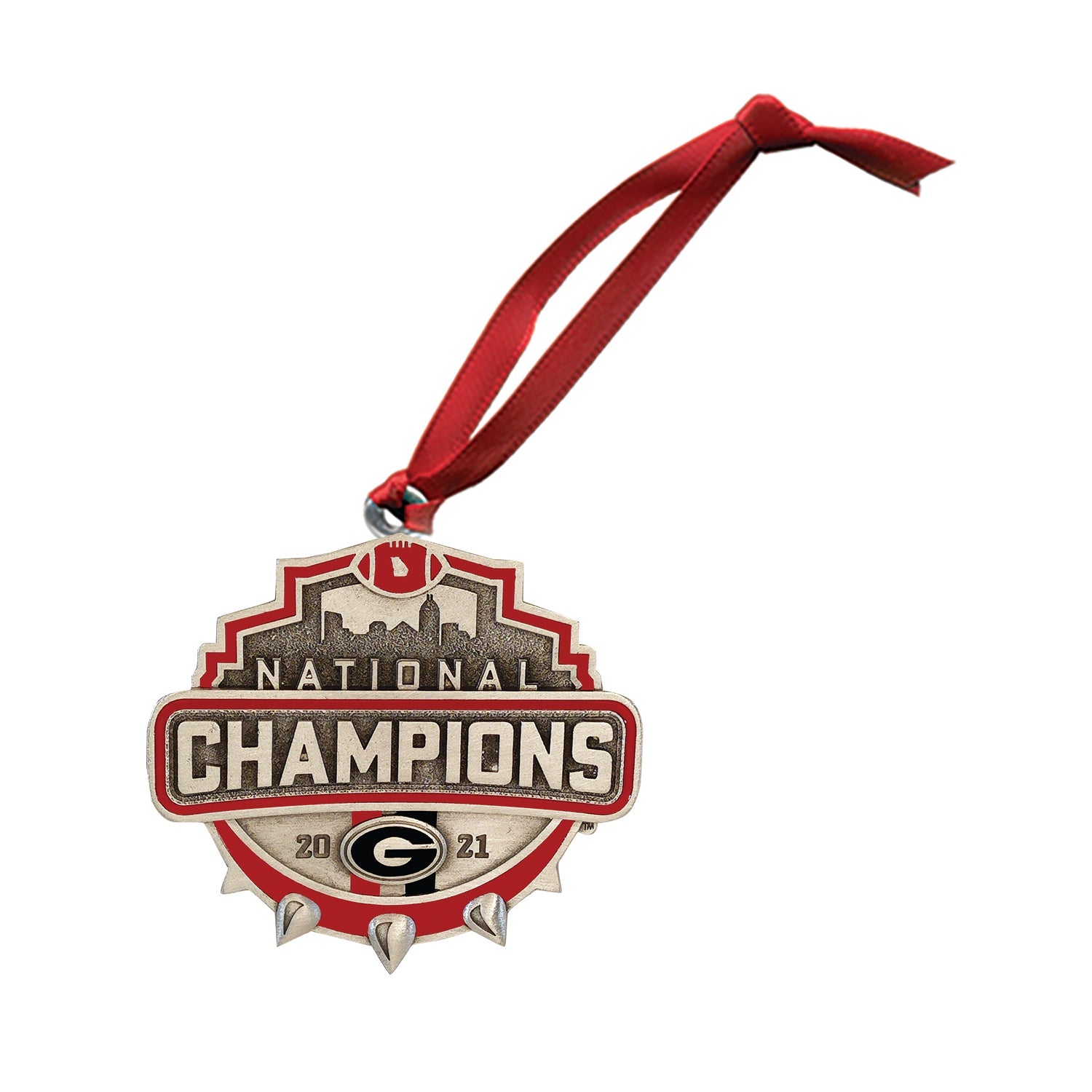 Decorative ornament with 'National Champions 2021' text and red ribbon on a white background