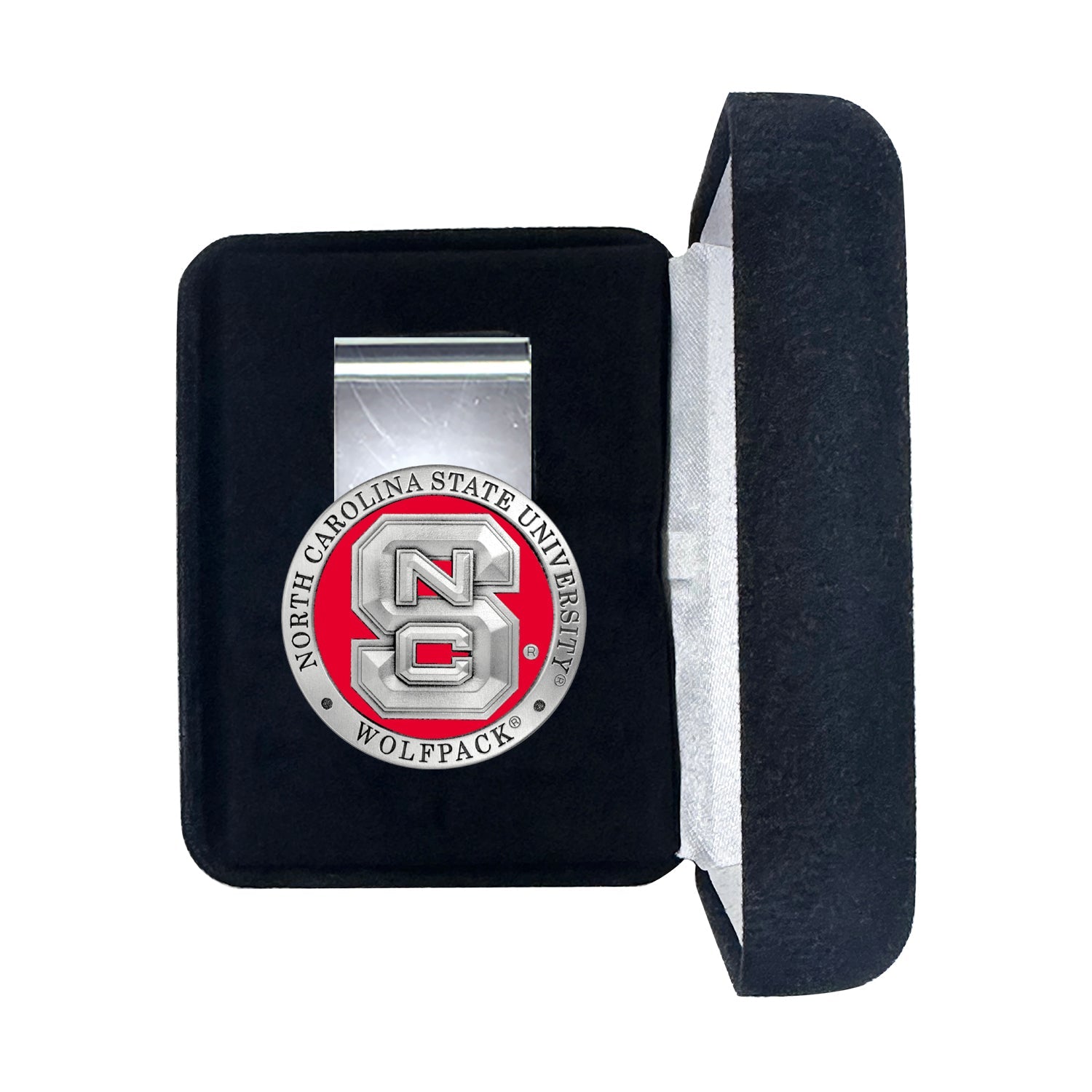 Money clip with North Carolina State University logo on a black velvet stand
