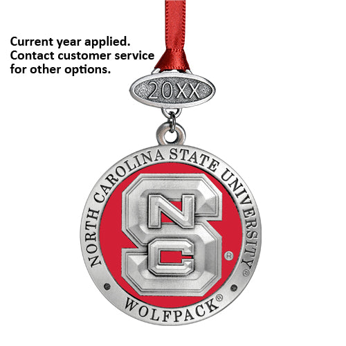 North Carolina State University ornament with red and silver design on a white background