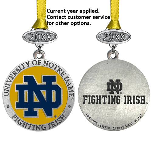 Two medals with Notre Dame Fighting Irish logo and text on a white background