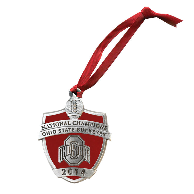 Ohio State Buckeyes national champions ornament with red ribbon on a white background