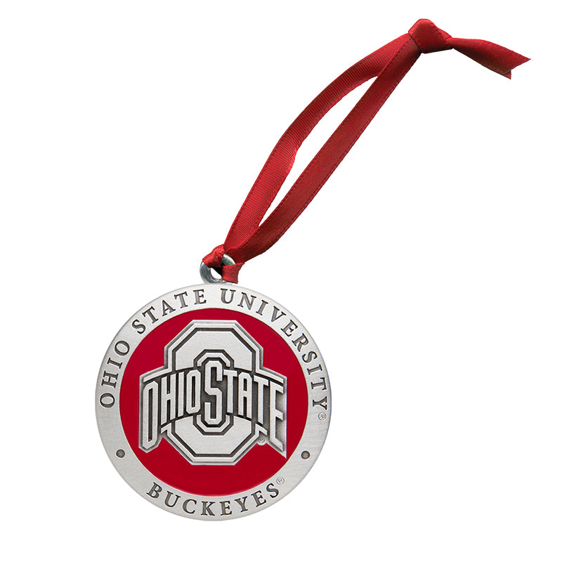 Ohio State University ornament with red ribbon on a white background