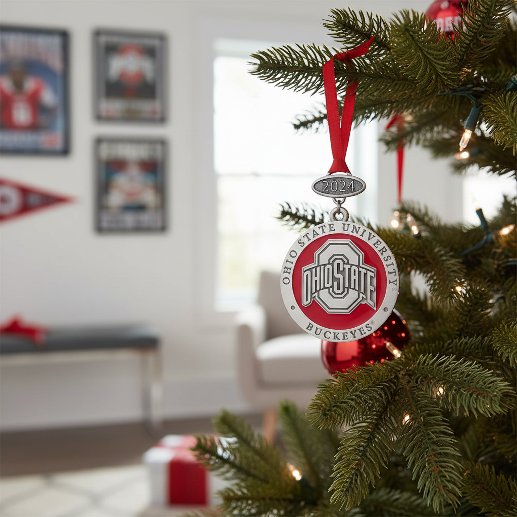 Ohio State University ornament with red and silver design on a white background