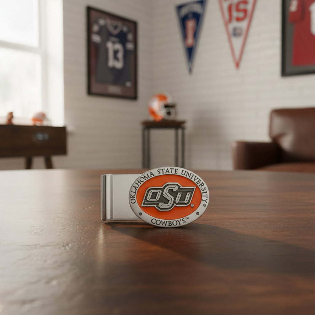 Oklahoma State Cowboys money clip in a black box on a white background