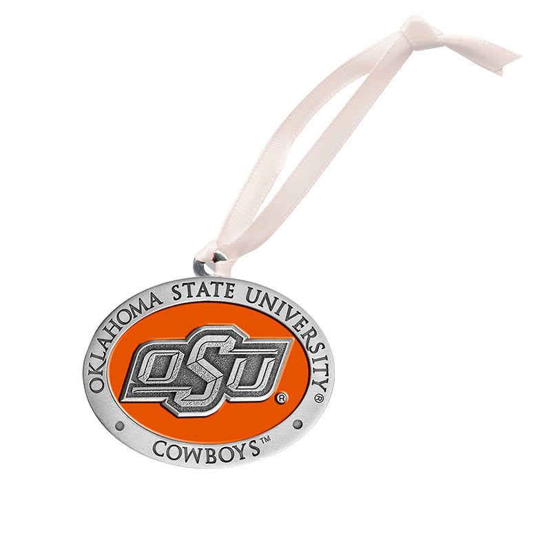 Oklahoma State University Cowboys ornament with orange and silver design on a white background