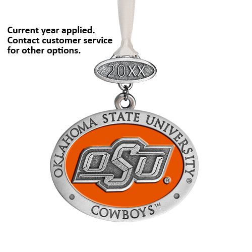 Decorative ornament with Oklahoma State University Cowboys logo on an orange background