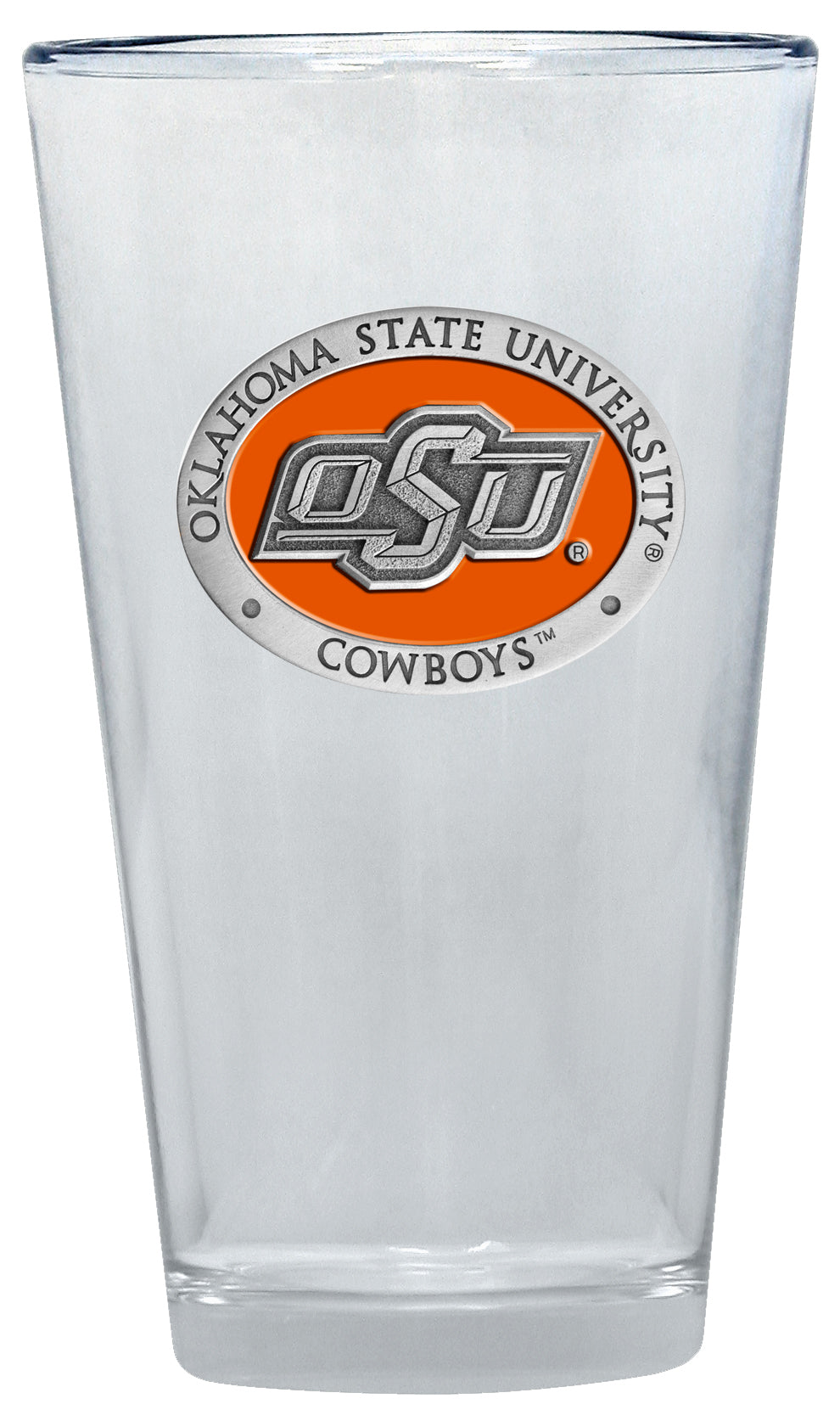 Clear glass with Oklahoma State University logo on a white background