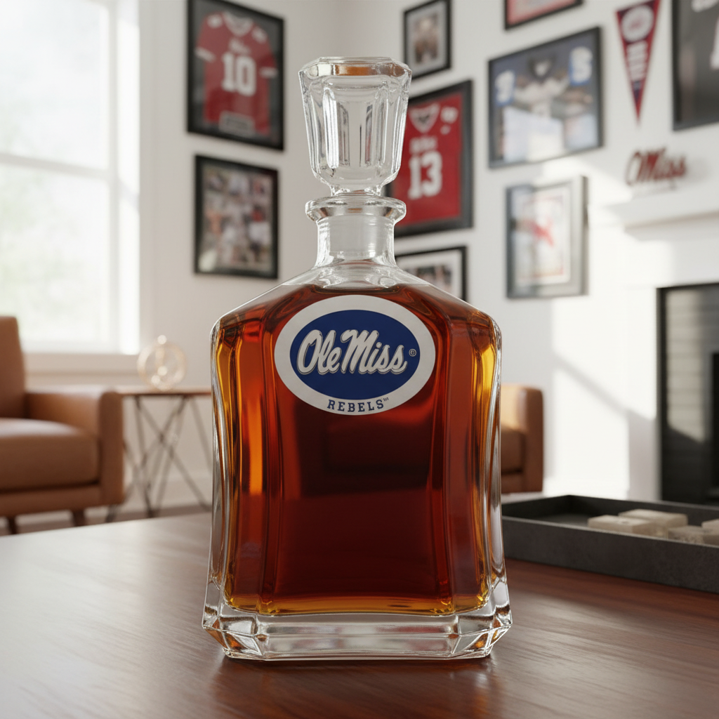 Decanter with Ole Miss Rebels logo on a white background