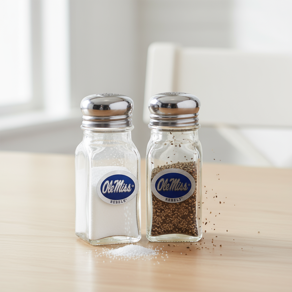 Two glass salt and pepper shakers with 'Ole Miss Rebels' logo on a white background