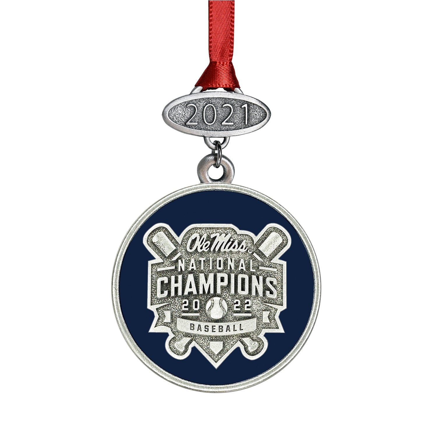 Medal with 'Ole Miss National Champions 2022 Baseball' text on a blue background with a red ribbon.