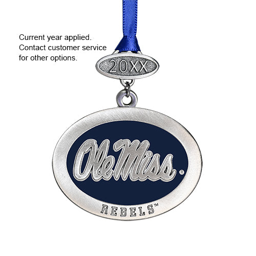 Decorative ornament with 'Ole Miss Rebels' text on a blue and silver background