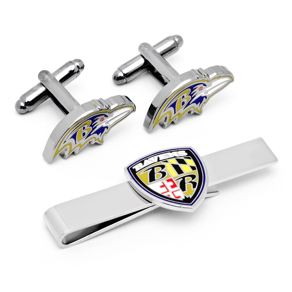 NFL Baltimore Ravens Head Cufflinks and Shield Tie Bar Gift Set | Officially Licensed Football Accessories