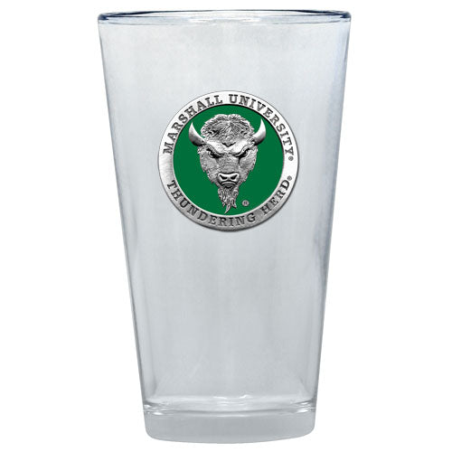 Clear glass with Marshall University Thundering Herd emblem on a white background