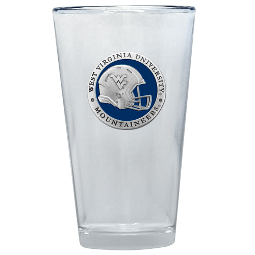 Clear glass with West Virginia University Mountaineers emblem on a white background