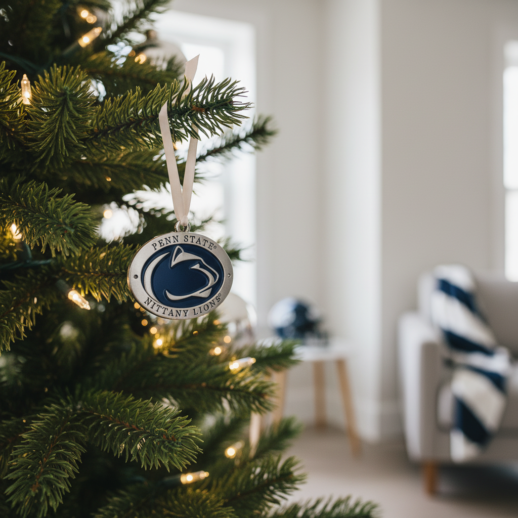 Penn State Nittany Lions ornament on a Christmas tree in a living room setting