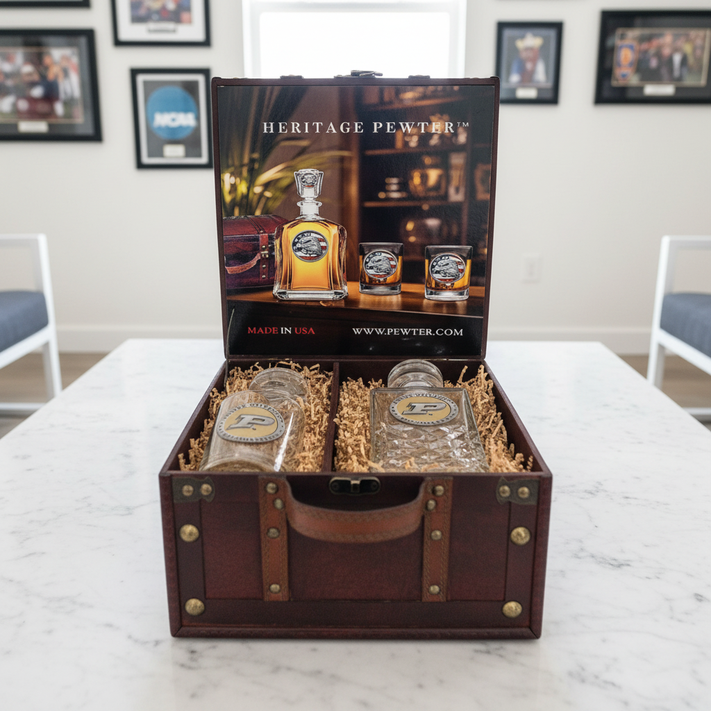 Purdue Boilermakers Decanter Set w/ 2 Glasses &amp; Large Chest Box – Made in USA