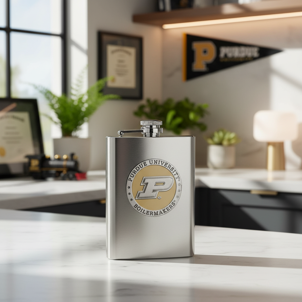 Stainless steel flask with Purdue University Boilermakers logo on a white background