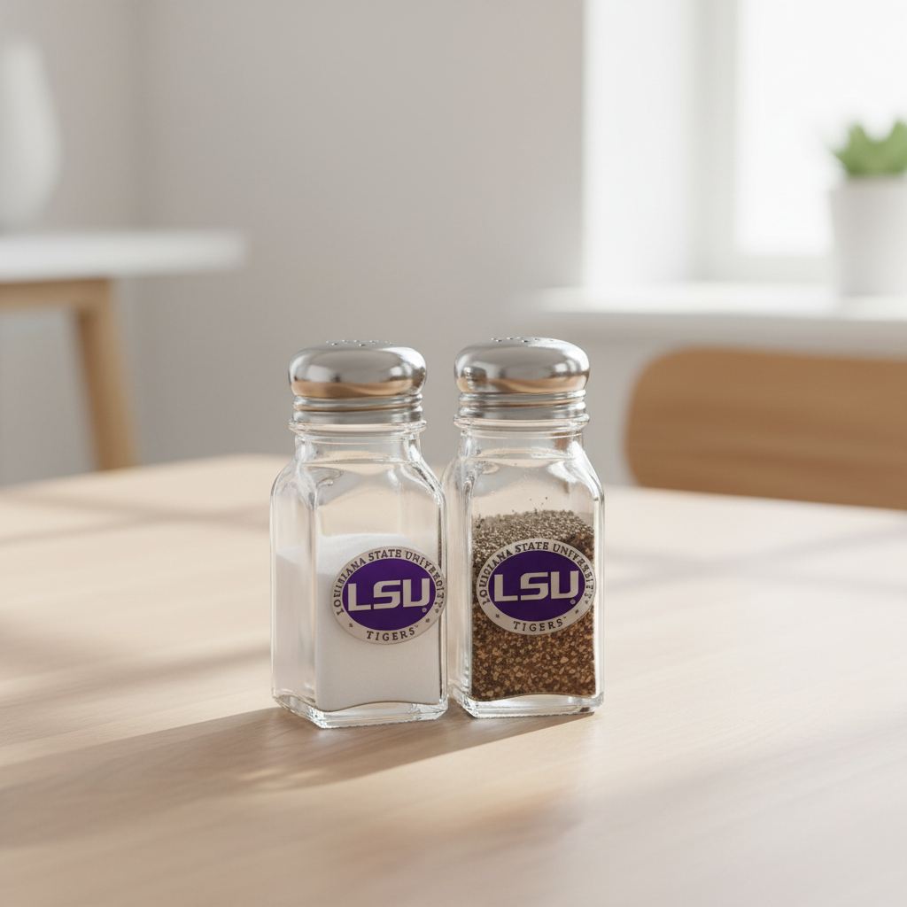 Two glass salt and pepper shakers with LSU logo on a white background
