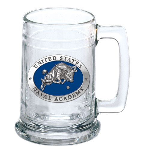 A clear glass stein with a logo of the United States Naval Academy and a 3D pewter casting of the goat mascot.