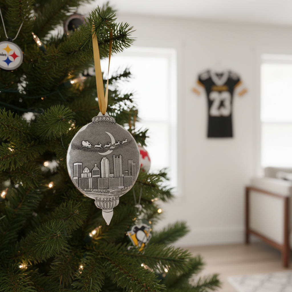 Decorative Christmas ornament with cityscape design and Santa sleigh, on a wooden surface with red berries.