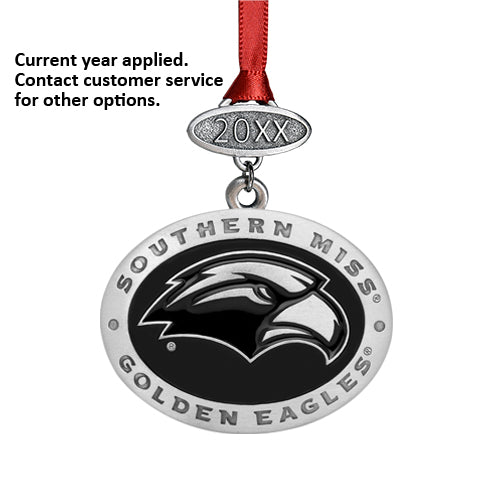Metallic ornament with Southern Miss Golden Eagles logo on a white background