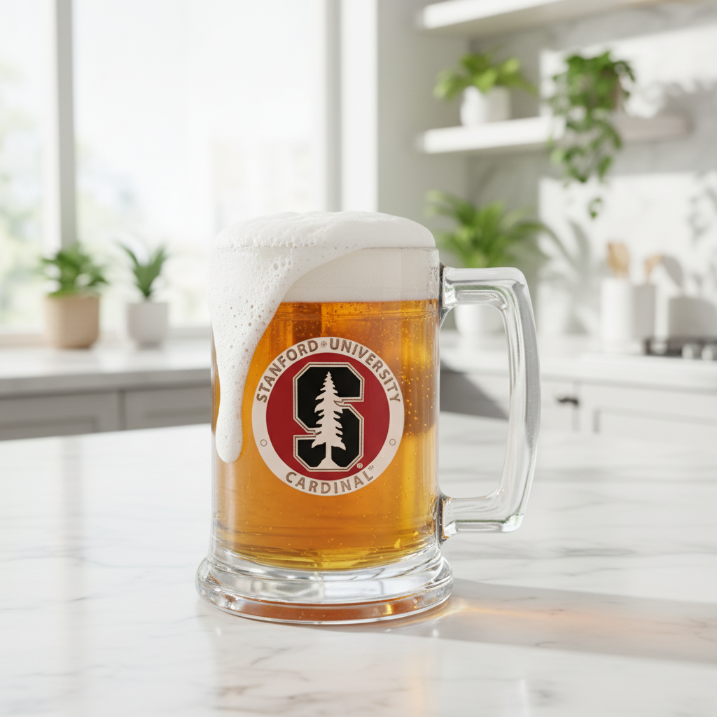 Clear glass mug with Stanford University Cardinal logo on a white background