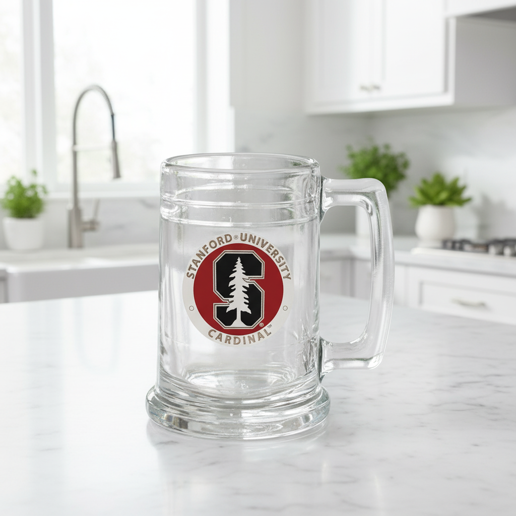 Clear glass mug with Stanford University Cardinal logo on a white background
