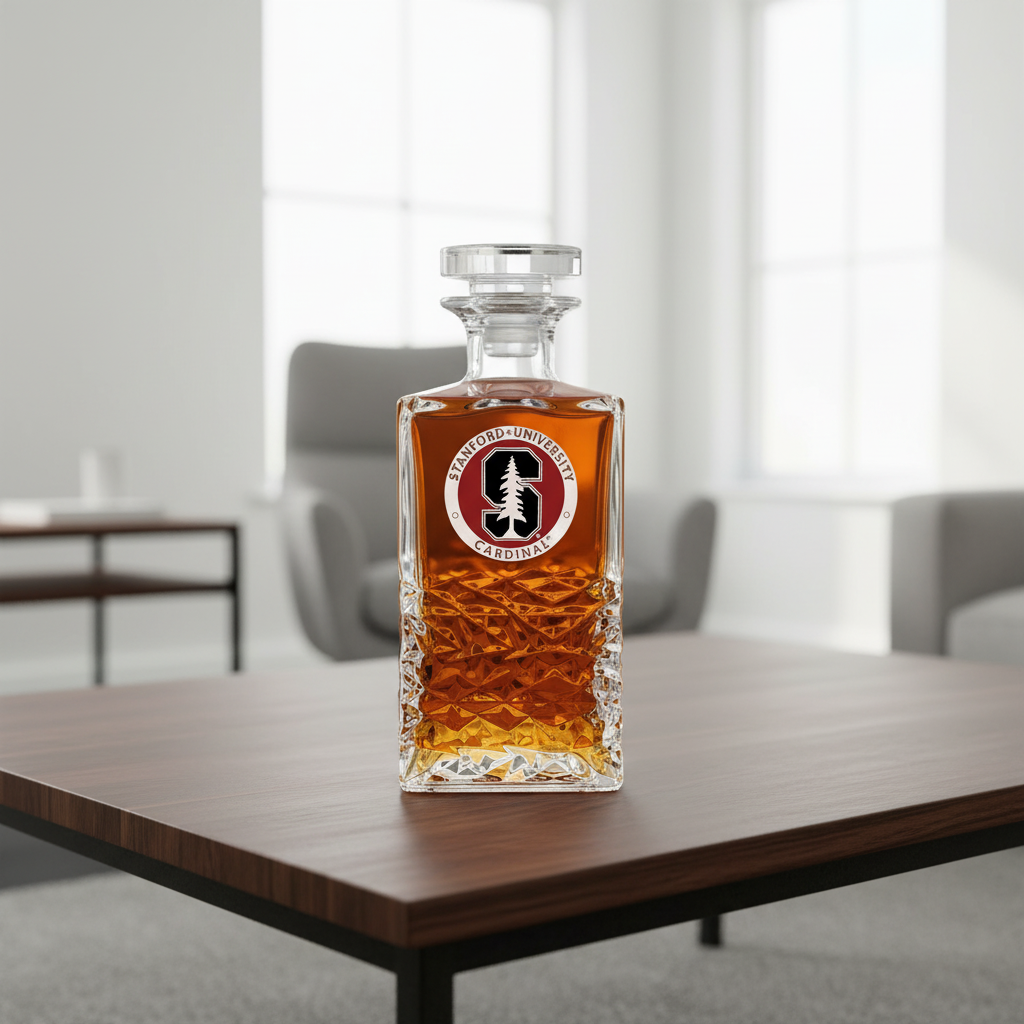 Glass decanter with Stanford University logo on a white background