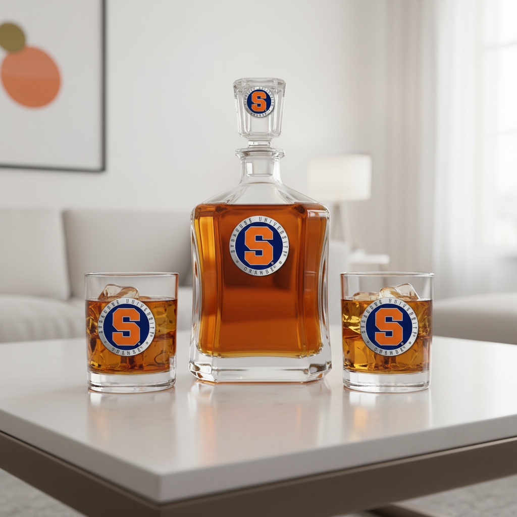 Syracuse University Whiskey decanter and glasses with a logo on a white background