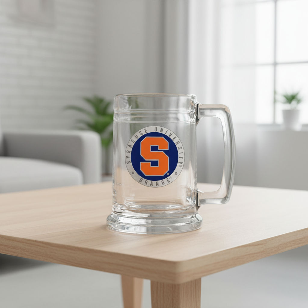 Clear glass mug with Syracuse University logo on a white background