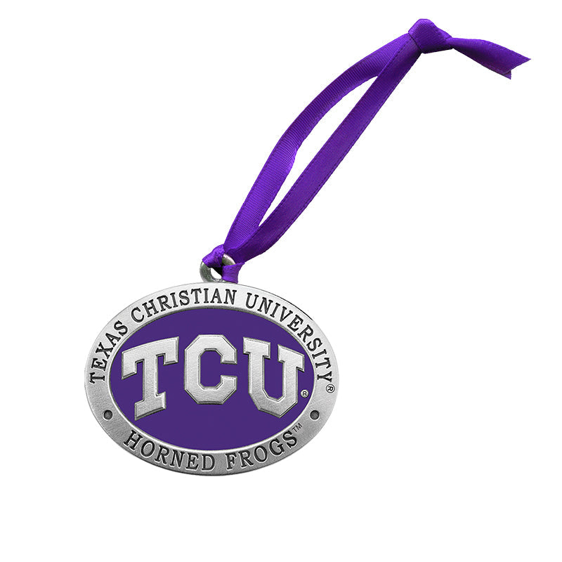 Decorative ornament with TCU logo and text on a white background