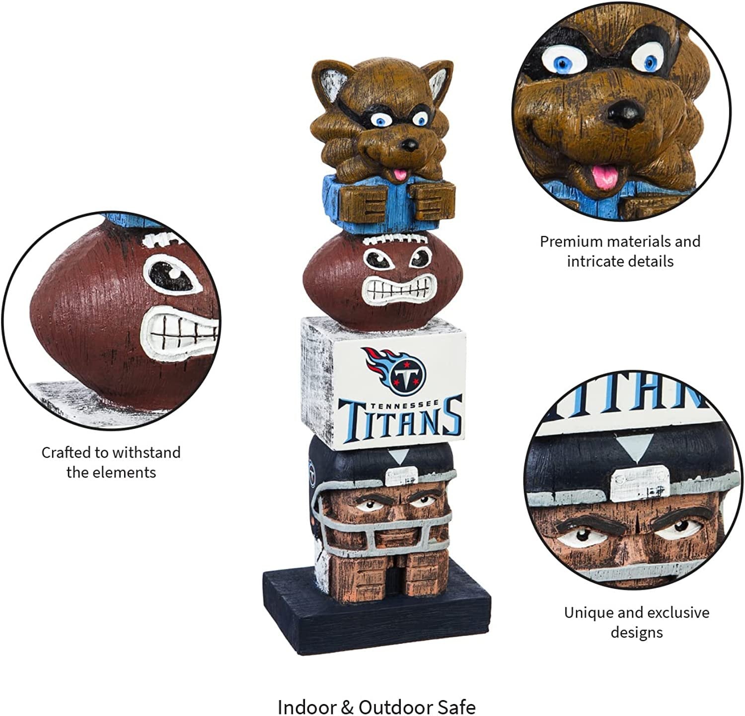 Tennessee Titans-themed totem pole with close-up details on a white background