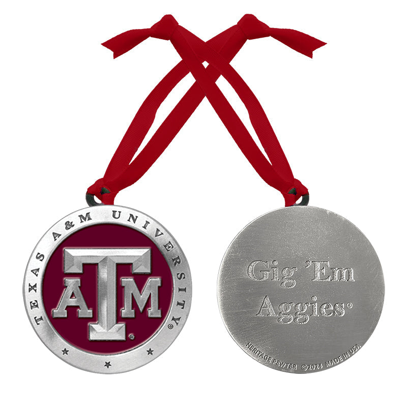 Medal with Texas A&M University logo and 'Gig 'Em Aggies' text on a red ribbon.