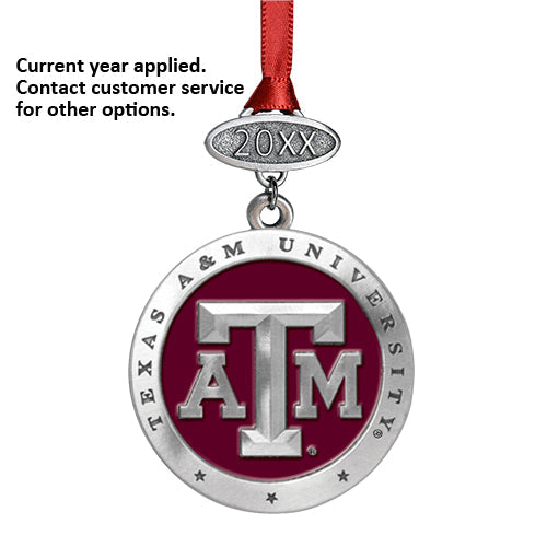 Texas A&M University ornament with red ribbon on a white background