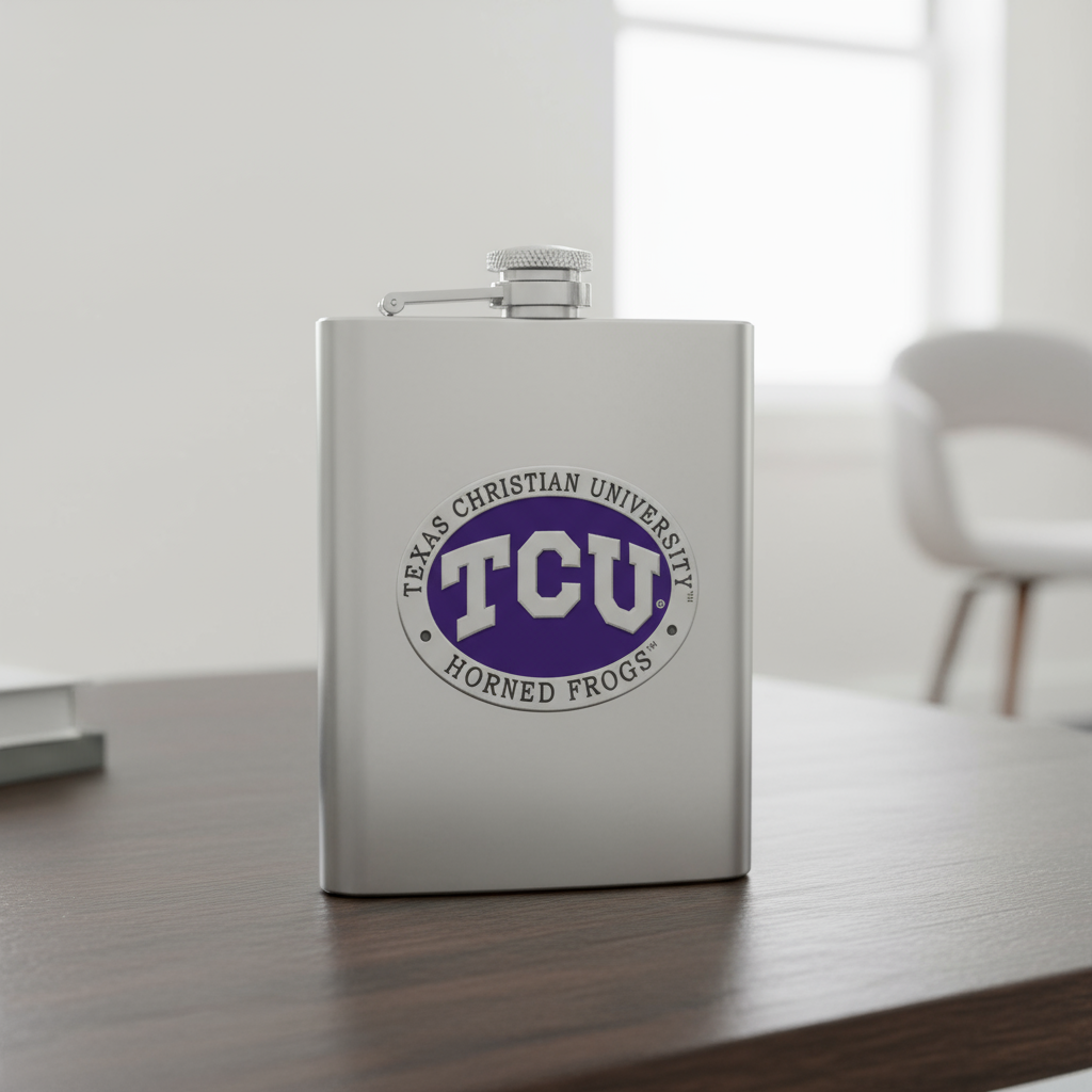Stainless steel flask with TCU logo on a white background