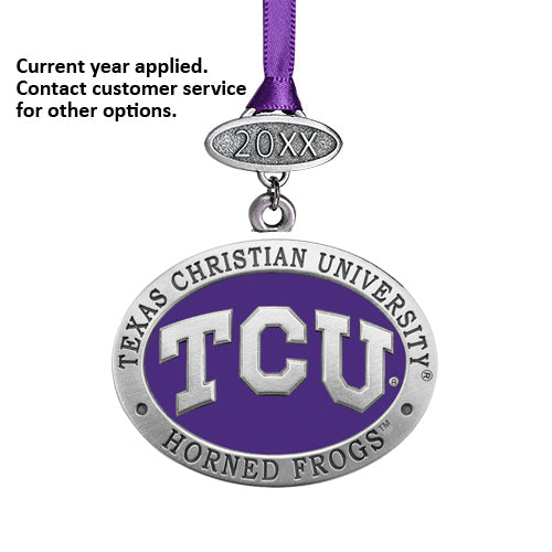 Decorative ornament with TCU logo and purple ribbon on a white background