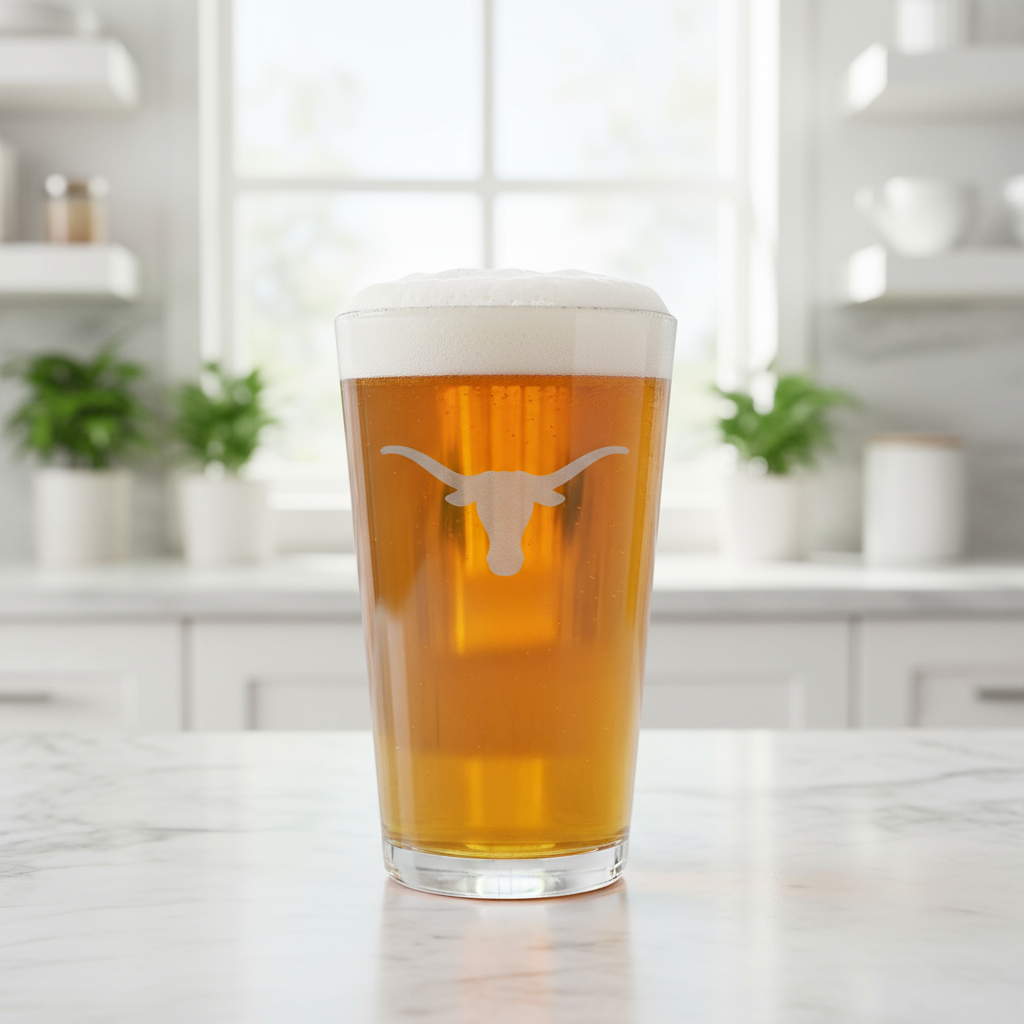 A clear pint glass with an etched design of the Texas Longhorns logo.