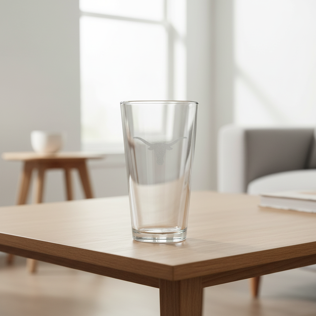 A clear pint glass with an etched design of the Texas Longhorns logo.