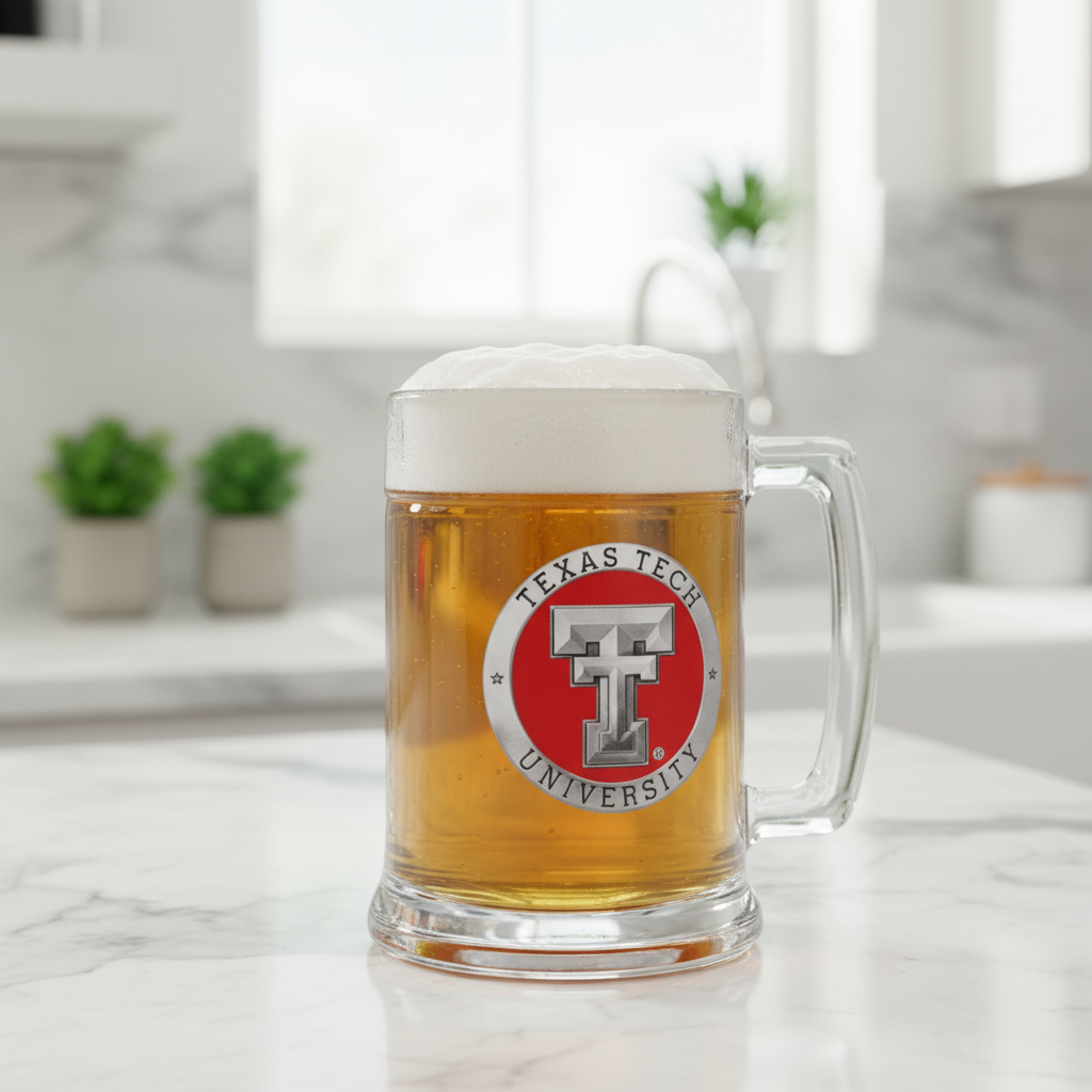 A clear glass stein with a Texas Tech University logo in red and white color.