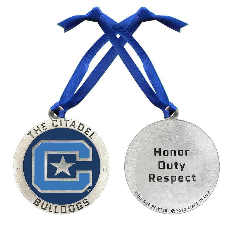 Medal with 'The Citadel Bulldogs' logo and 'Honor Duty Respect' text on a blue ribbon.