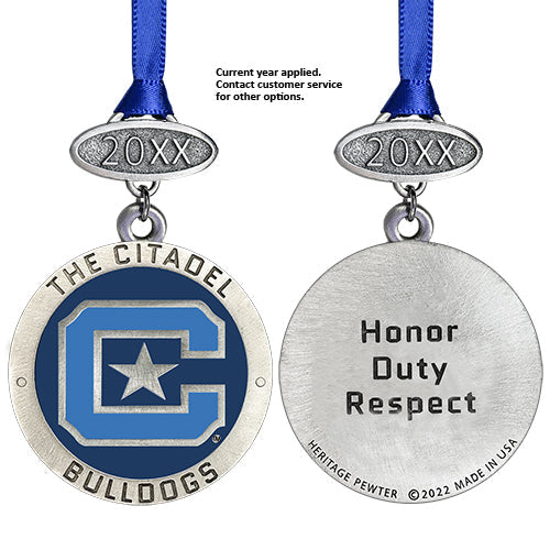 Medal with 'The Citadel Bulldogs' logo and 'Honor Duty Respect' text on a white background