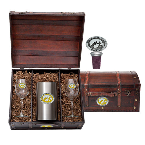Alumni gift set with wine glasses, tumbler, and bottle stopper in a wooden chest.