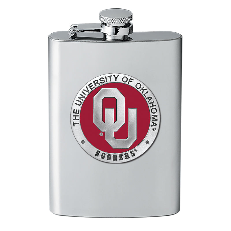 Stainless steel flask with The University of Oklahoma Sooners logo on a white background