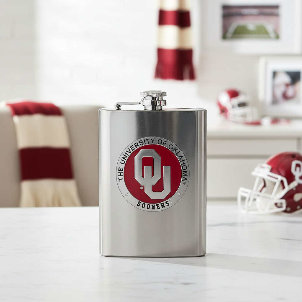 Stainless steel flask with OU logo on a table with sports-themed decor in the background
